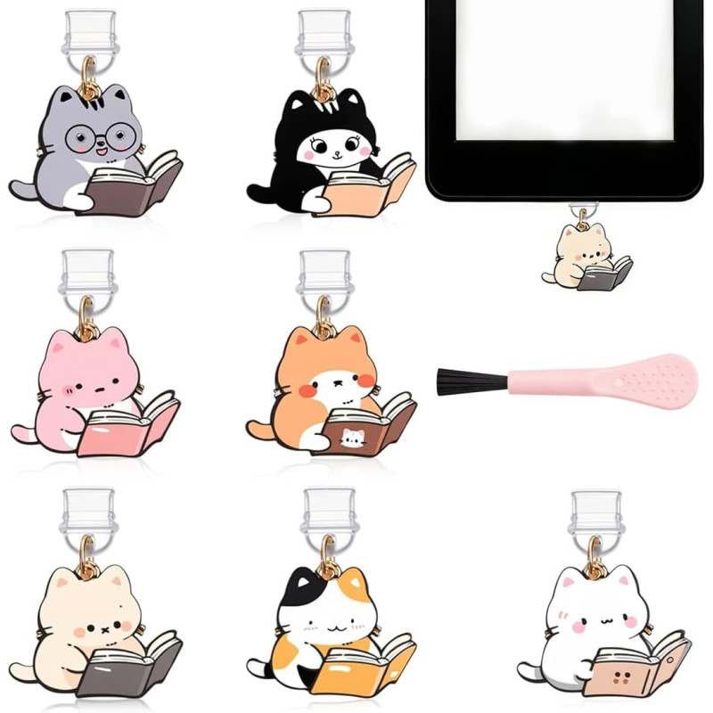 7pcs bouchons anti-poussière kindle avec charms chat, couvercles type c/usb-c + brosse interstice | accessoire liseuse pour kind