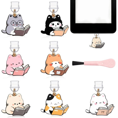 7pcs bouchons anti-poussière kindle avec charms chat, couvercles type c/usb-c + brosse interstice | accessoire liseuse pour kind