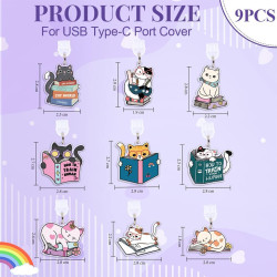 9pcs Bouchons Anti-Poussière pour Kindle, Type C/USB-C Couvercles | Breloques de Chat Mignon, Cadeau Festif pour Amateurs de Liv
