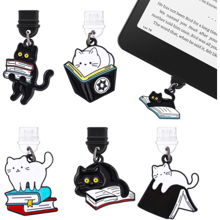 6 Pièces Bouchons Anti-Poussière USB-C pour Liseuse, Accessoire Kindle avec Pendentif Chat Magique, Cadeau de Lecture pour Amate