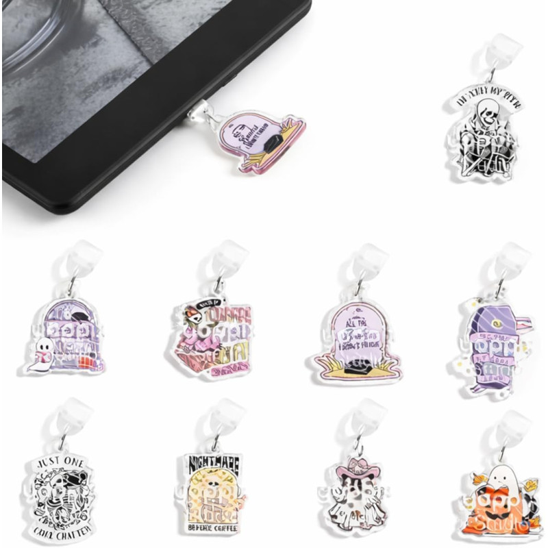 Set de 9 Bouchons Anti-Poussière pour Kindle, Protège-Ports Typ C/USB-C & Breloques Liseuse Tête de Mort Gothique, Cadeau de Fêt