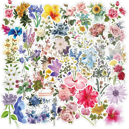 Lot de 50 autocollants floraux - Imperméables et réutilisables - Pour adultes et enfants - En vinyle - Thème nature - Décoration