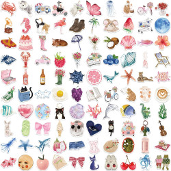 100 pièces Ensemble d'autocollants esthétiques - Autocollants aquarelle d'été, autocollants en vinyle imperméables pour ordinate