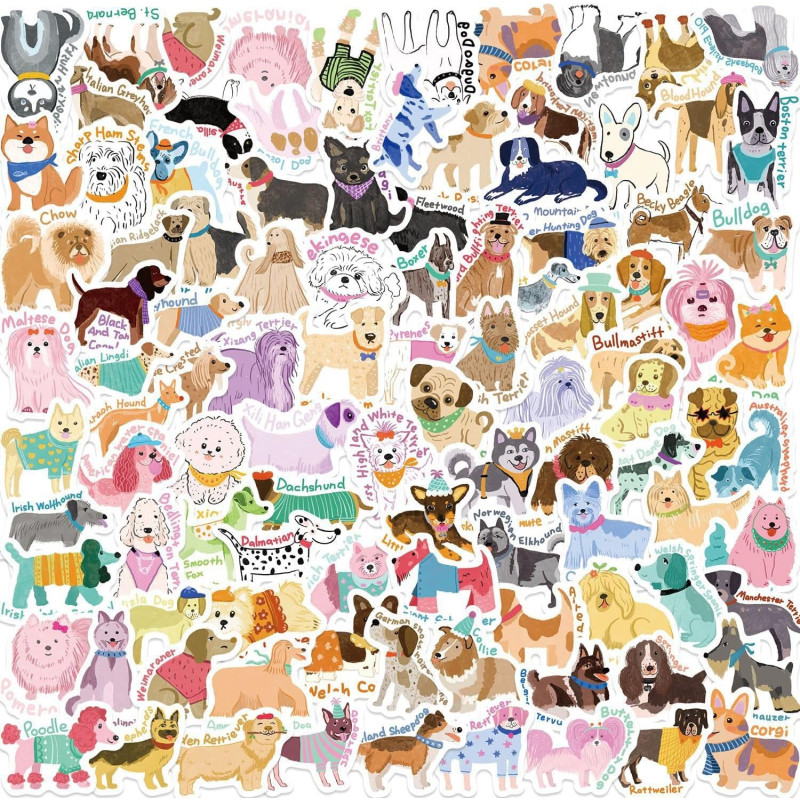 Lot de 100 autocollants de qualité supérieure pour chiens – Plus de 50 races d'autocollants imperméables pour animaux de compagn