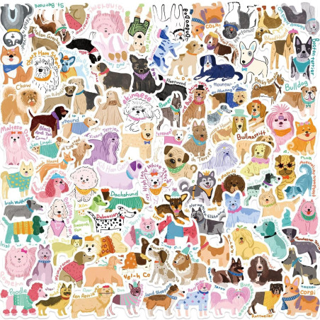Lot de 100 autocollants de qualité supérieure pour chiens – Plus de 50 races d'autocollants imperméables pour animaux de compagn
