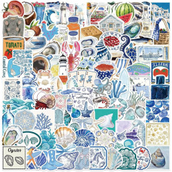 Autocollants côtiers bleus - Lot de 100 - Décalcomanies en vinyle imperméables sur le thème de l’été à la plage pour filles, ado