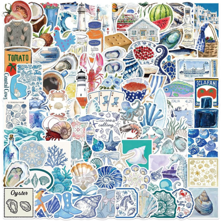 Autocollants côtiers bleus - Lot de 100 - Décalcomanies en vinyle imperméables sur le thème de l’été à la plage pour filles, ado