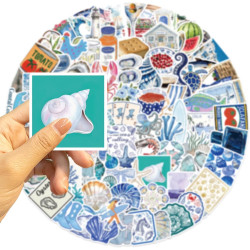 Autocollants côtiers bleus - Lot de 100 - Décalcomanies en vinyle imperméables sur le thème de l’été à la plage pour filles, ado