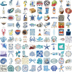 Autocollants côtiers bleus - Lot de 100 - Décalcomanies en vinyle imperméables sur le thème de l’été à la plage pour filles, ado