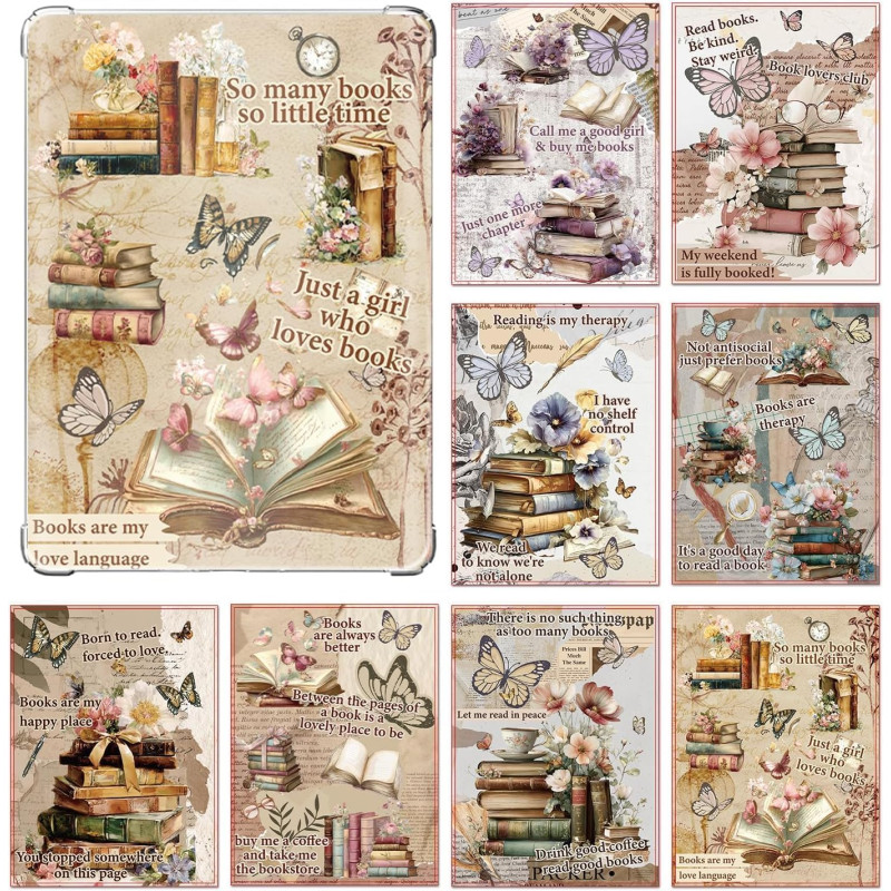 Set de 8 cartes décoratives vintage pour kindle paperblanc,inserts papier illustrés thème lecture,accessoires kindle pour person