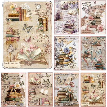 Set de 8 cartes décoratives vintage pour kindle paperblanc,inserts papier illustrés thème lecture,accessoires kindle pour person
