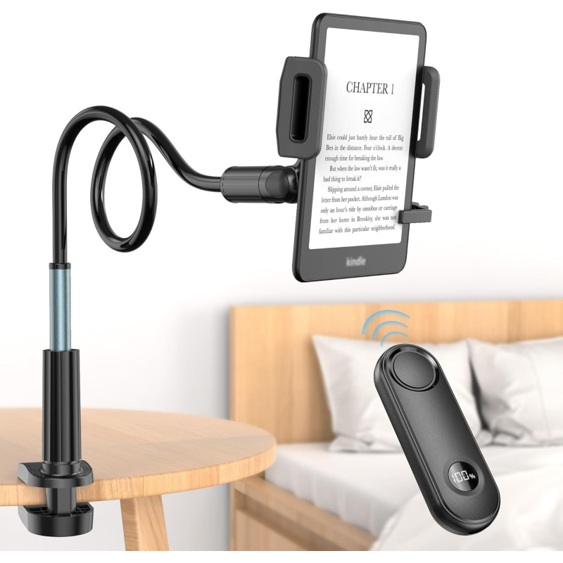 PlusAcc Support Kindle avec tourne-page à distance - Support réglable pour lire au lit, mains libres, bras de chevet, clicker po