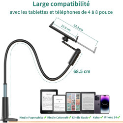PlusAcc Support Kindle avec tourne-page à distance - Support réglable pour lire au lit, mains libres, bras de chevet, clicker po