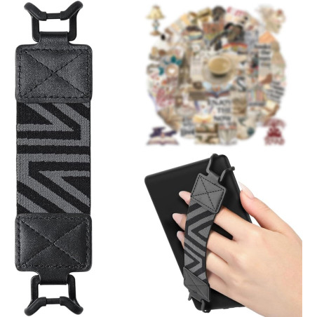Dragonne Élastique pour Liseuse Kindle, Cuir PU Noir Imprimé, Compatible avec 6-8 Pouces E-Reader & Tablette, 50 Stickers Retro 
