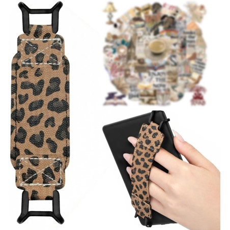 Dragonne Support pour Liseuse Kindle, Correa Élastique Cuir PU Motif Léopard, Compatible 6-8 Pouces Liseuse & Tablet, 50 Autocol