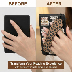 Dragonne Support pour Liseuse Kindle, Correa Élastique Cuir PU Motif Léopard, Compatible 6-8 Pouces Liseuse & Tablet, 50 Autocol