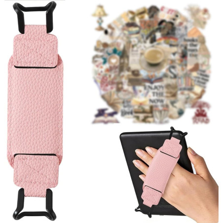 Dragonne Support en Cuir PU Rose pour Liseuse Kindle, Elastique pour 6-8"" E-Reader & Tablette, 50 Autocollants Rétro Offerts, S