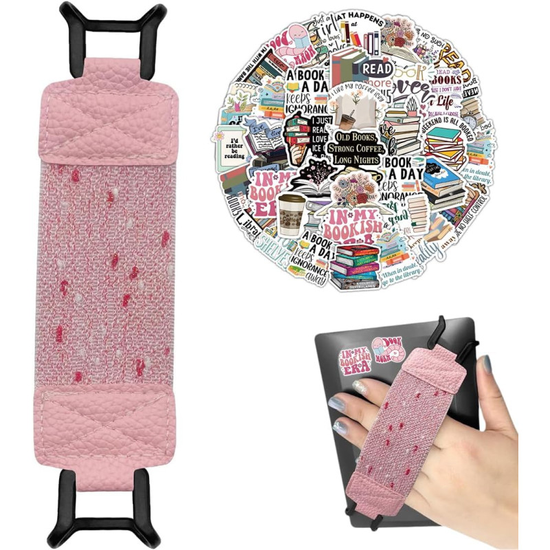 Dragonne Élastique pour Liseuse Kindle, Cuir PU Rose Pailleté, Compatible avec 6-8 Pouces E-Reader & Tablette, 50 Stickers Retro