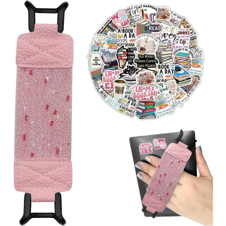 Dragonne Élastique pour Liseuse Kindle, Cuir PU Rose Pailleté, Compatible avec 6-8 Pouces E-Reader & Tablette, 50 Stickers Retro
