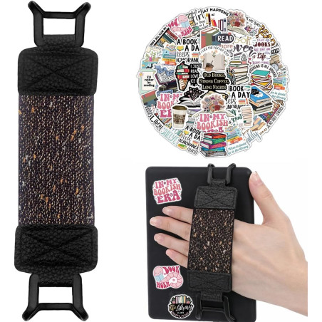 Dragonne pour Liseuse Kindle & Kobo, Band Élastique en Cuir PU Noir Éclatant, Compatible avec 6-8 Pouces Liseuse & Tablette, 50 