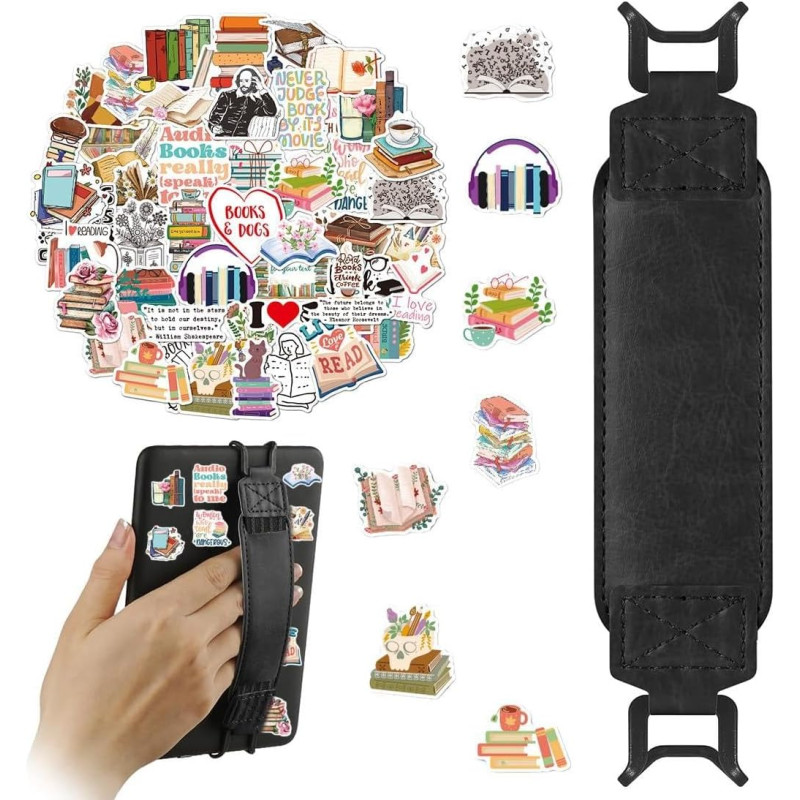 Dragonne pour Kindle, Fixation Élastique pour 6-7" Kindle eReader Fire Tablette, Cuir PU, 50 Autocollants de Lecture Retro Éléga