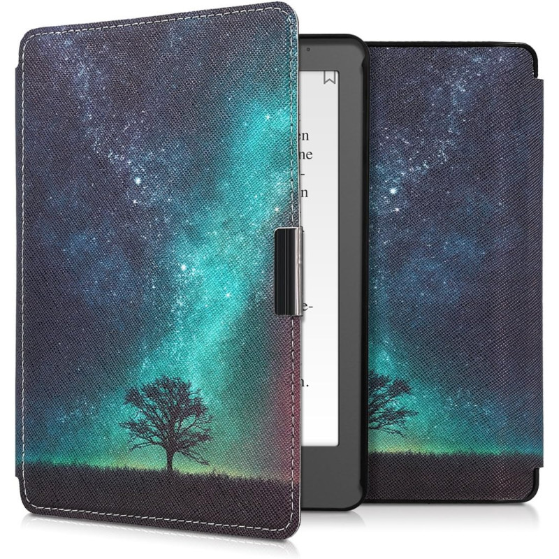 kwmobile Étui Compatible avec Kobo Aura Edition 2 Coque - Étui à Rabat magnétique Tablette eReader Similicuir - Bleu-Gris-Noir