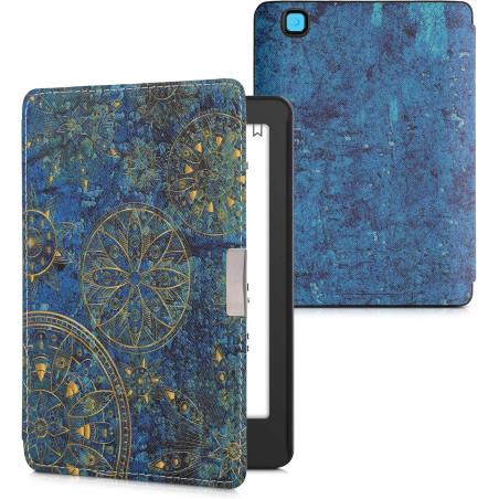 kwmobile Étui Compatible avec Kobo Aura Edition 2 Coque - Étui à Rabat magnétique Tablette eReader Similicuir - Jaune-Bleu foncé