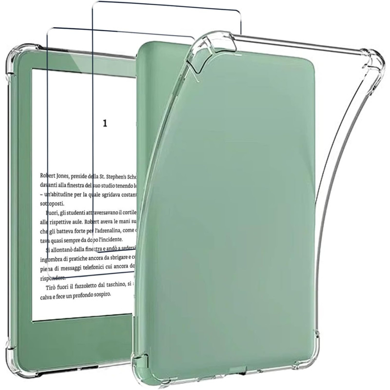 Coque pour Kindle 2024/2022 + [2 Pièces] Verre Trempé, [Antichoc] Souple Silicone Transparente Protection Étui, Ultra Mince [Ant
