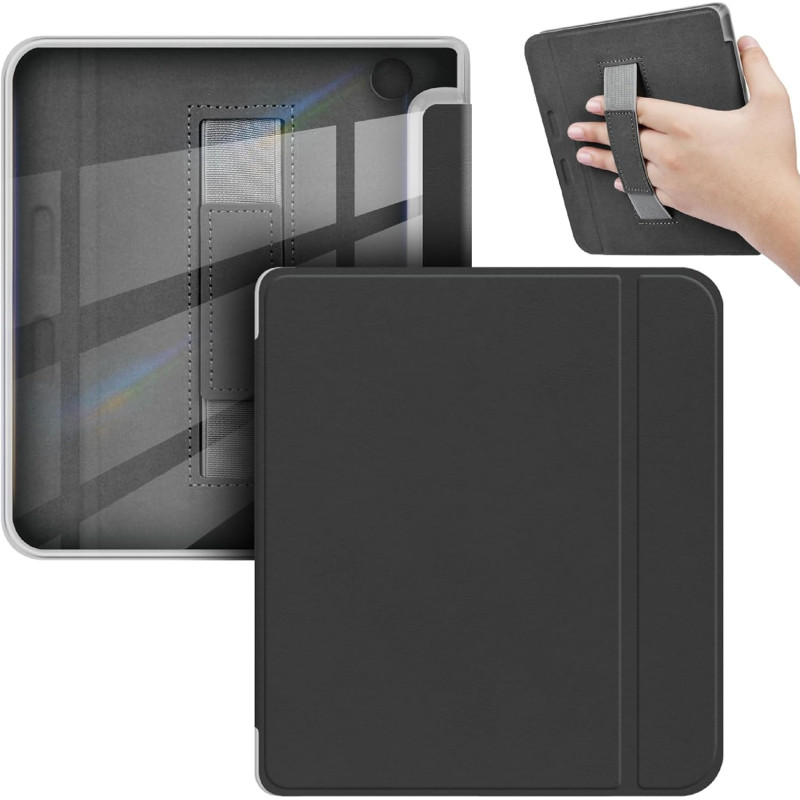 Giopuey coque compatible avec kobo libra colour/kobo libra 2, étui en cuir avec sangle, étui à rabat [coque arrière transparente
