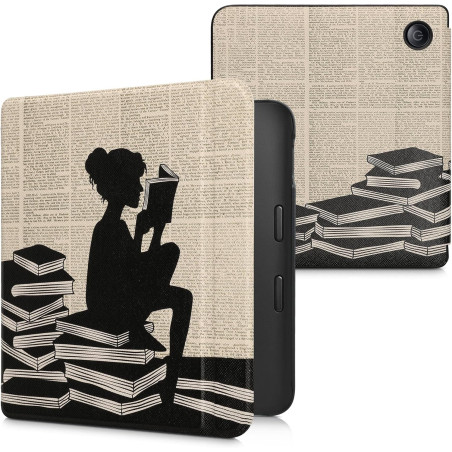 Kwmobile étui compatible avec kobo libra 2 coque - étui à rabat magnétique tablette ereader similicuir - noir-beige