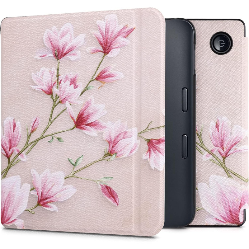 kwmobile Étui Compatible avec Kobo Libra 2 Coque - Étui à Rabat magnétique Tablette eReader Similicuir - Rose Clair-Blanc-Rose A