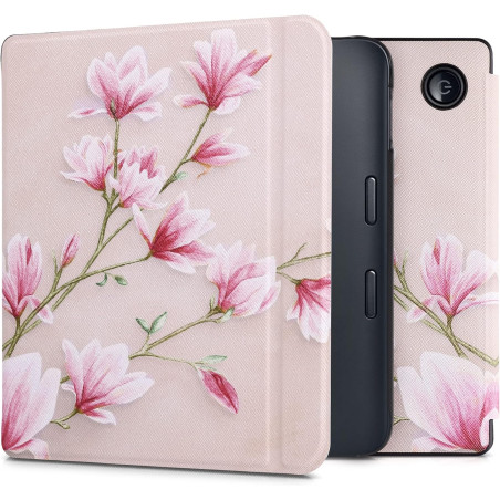 kwmobile Étui Compatible avec Kobo Libra 2 Coque - Étui à Rabat magnétique Tablette eReader Similicuir - Rose Clair-Blanc-Rose A