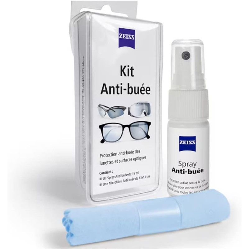 ZEISS - Kit Anti-Buée pour Lunettes, Objectif Photo, Caméra, et Masque Ski ou Piscine - 1 Spray Anti Buée 15ml + Chiffon Microfi