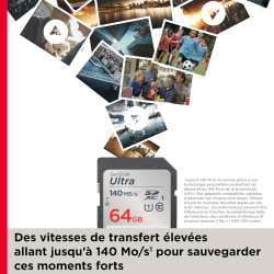 SanDisk 64 Go Ultra SDXC Carte, avec jusqu'à 140 Mo/s, homologuée A1, UHS-I carte, Classe 10, U1