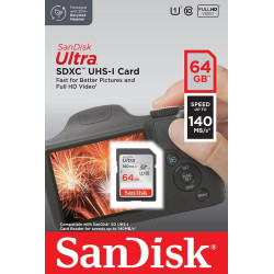 SanDisk 64 Go Ultra SDXC Carte, avec jusqu'à 140 Mo/s, homologuée A1, UHS-I carte, Classe 10, U1