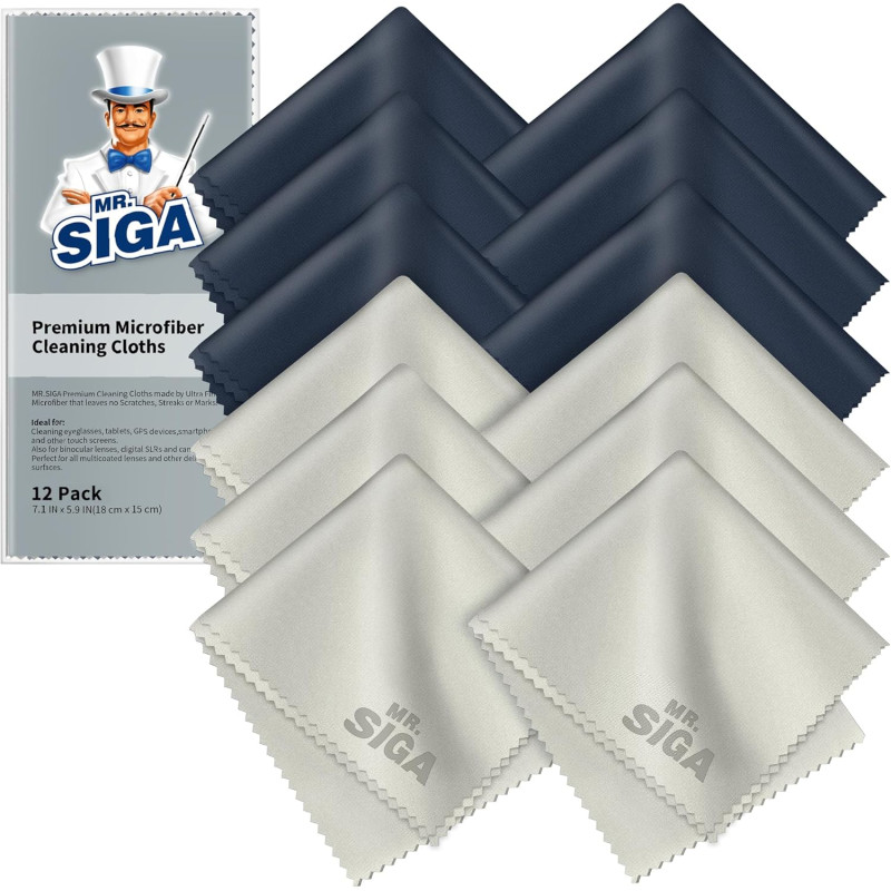 MR.SIGA Chiffons de Nettoyage, Lot de 12, en Microfibre Surchoix pour Lentilles, Lunettes, Ecrans, Tablettes, Glasse, 6 x 7 Pouc