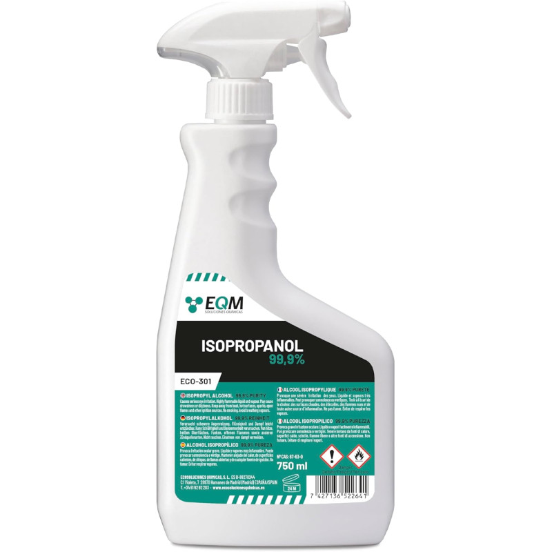EQM - ECO-301 - Alcool Isopropylique Pur 99,9% - 750 ML - Nettoyage de Composants Électroniques, Objectifs, Écrans et Résines d’