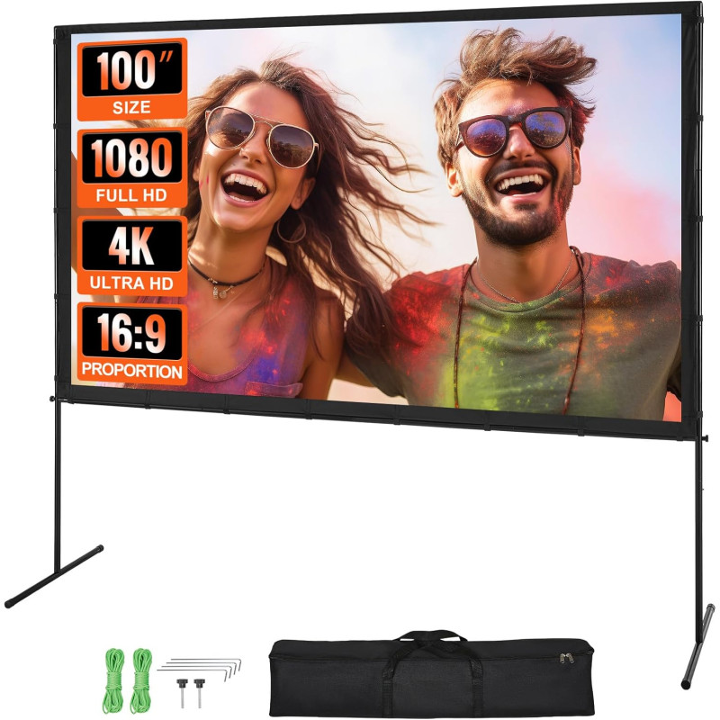 VEVOR Écran de Projection sur Pied Portable 100 pouces 16:9 HD Toile de Projection Double Face Anti-Plis Grand Angle de Vision a