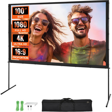 VEVOR Écran de Projection sur Pied Portable 100 pouces 16:9 HD Toile de Projection Double Face Anti-Plis Grand Angle de Vision a