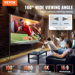 VEVOR Écran de Projection sur Pied Portable 100 pouces 16:9 HD Toile de Projection Double Face Anti-Plis Grand Angle de Vision a