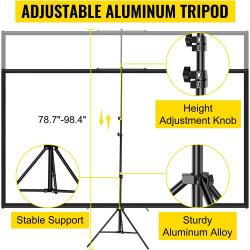 VEVOR Écran de Projection avec Trépied 110 Pouces 4K HD 16:9 Toile sur Hauteur Réglable pour Projecteur 244 x 137 cm Infroissabl