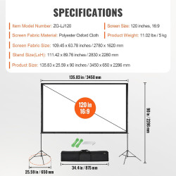 VEVOR Écran de Projection sur Pied Portable 120 pouces 16:9 HD Toile de Projection Double Face Anti-Plis Grand Angle de Vision a