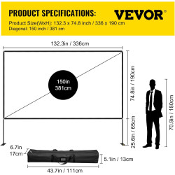 VEVOR Écran de Projection avec Support 150" 381 cm Toile de Projection sur Pied HD 16:9 336x190 cm Écran de Projecteur en Alu Vi