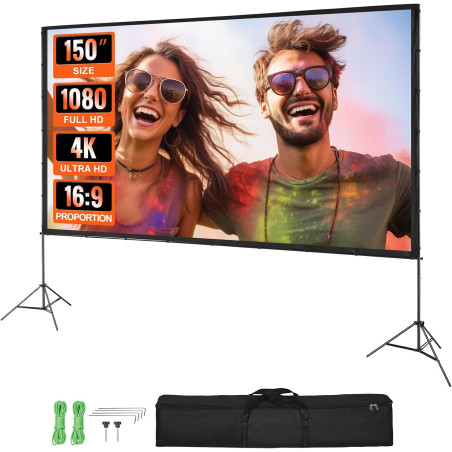 VEVOR Écran de Projection sur Pied Portable 150 pouces 16:9 HD Toile de Projection Double Face Anti-Plis Grand Angle de Vision a