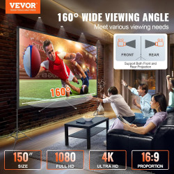 VEVOR Écran de Projection sur Pied Portable 150 pouces 16:9 HD Toile de Projection Double Face Anti-Plis Grand Angle de Vision a
