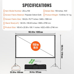 VEVOR Écran de Projection sur Pied Portable 150 pouces 16:9 HD Toile de Projection Double Face Anti-Plis Grand Angle de Vision a