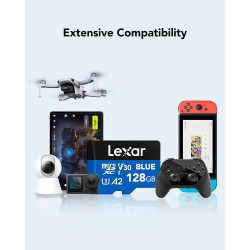 Lexar bleu carte micro sd 128go, jusqu'à carte microsdxc uhs-i 160 mo/s en lecture, classe 10, u3, v30, a2, vidéo full hd et 4k,
