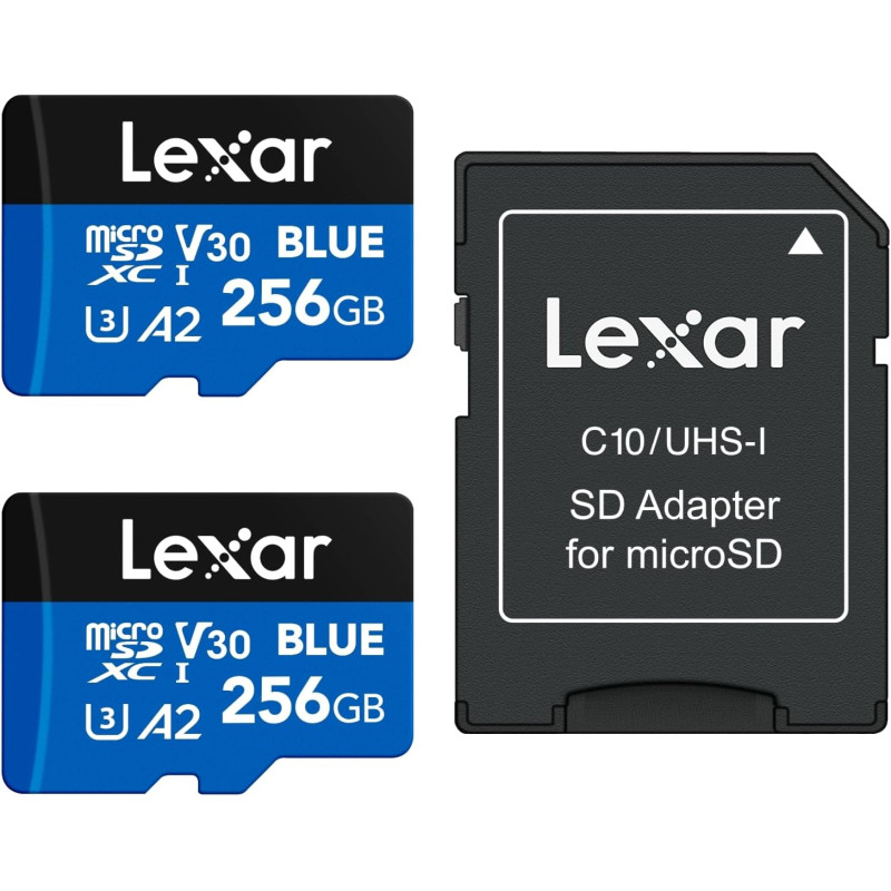Lexar bleu carte micro sd 256go 2pk, jusqu'à 160 mo/s en lecture, carte microsdxc uhs-i, c10, u3, v30, a2, vidéo full hd et 4k, 