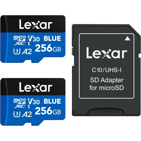 Lexar bleu carte micro sd 256go 2pk, jusqu'à 160 mo/s en lecture, carte microsdxc uhs-i, c10, u3, v30, a2, vidéo full hd et 4k, 