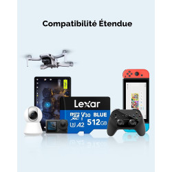 Lexar bleu carte micro sd 512go, jusqu'à 160 mo/s en lecture, carte microsdxc uhs-i, c10, u3, v30, a2, vidéo full hd et 4k, cart